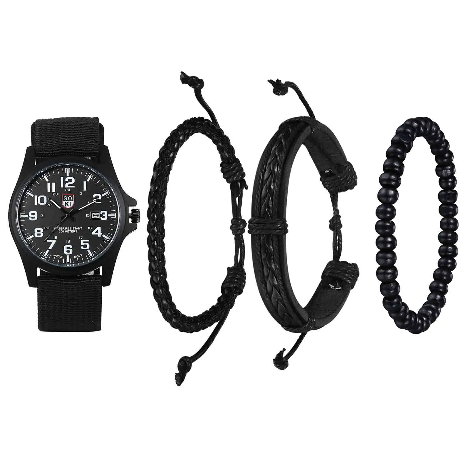OIDEA Men's Tactical Watch Set, 4 Piece Military Analog Watch and Bracelet Jewelry Set, 24 Hour Nylon Band Field Watch for Men summerwins