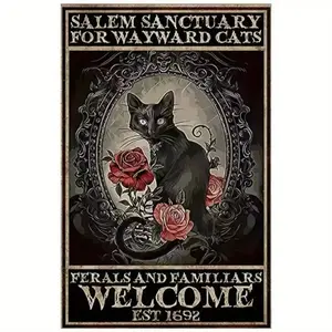 Vintage Halloween Metal Sign, Salem Stray Cat Shelter, Retro Wall Decor, Home Spooky Decoration, Unique Gift Idea