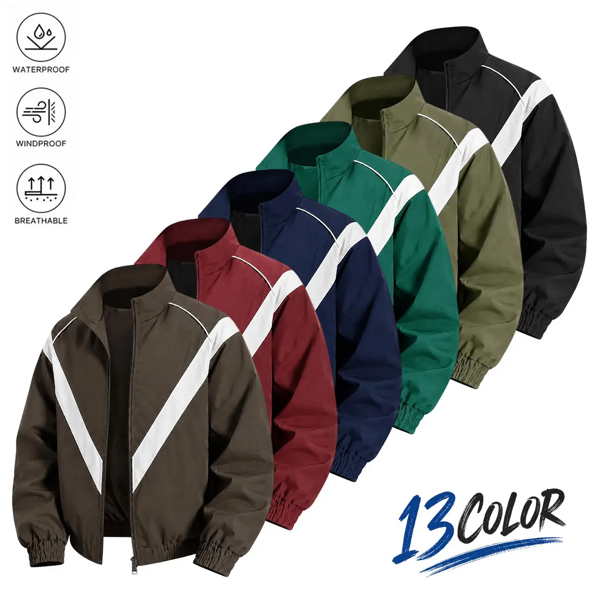 American vintage men’s stand-collar color-block sports jacket with contrasting diagonal stripes, full zip closure, windproof, waterproof, breathable fabric, relaxed casual fit, elasticated cuffs—trendy menswear for commuting and outings.