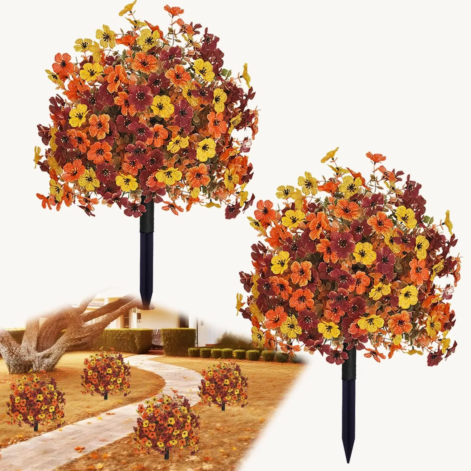 Fall Artificial Mums Topiary Ball Tree, Set of 2 Fake Boxwood Balls, UV Resistant Faux Shrubs, Realistic for Potted Front Porch Decor