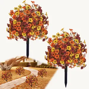 Fall Artificial Mums Topiary Ball Tree, Set of 2 Fake Boxwood Balls, UV Resistant Faux Shrubs, Realistic for Potted Front Porch Decor