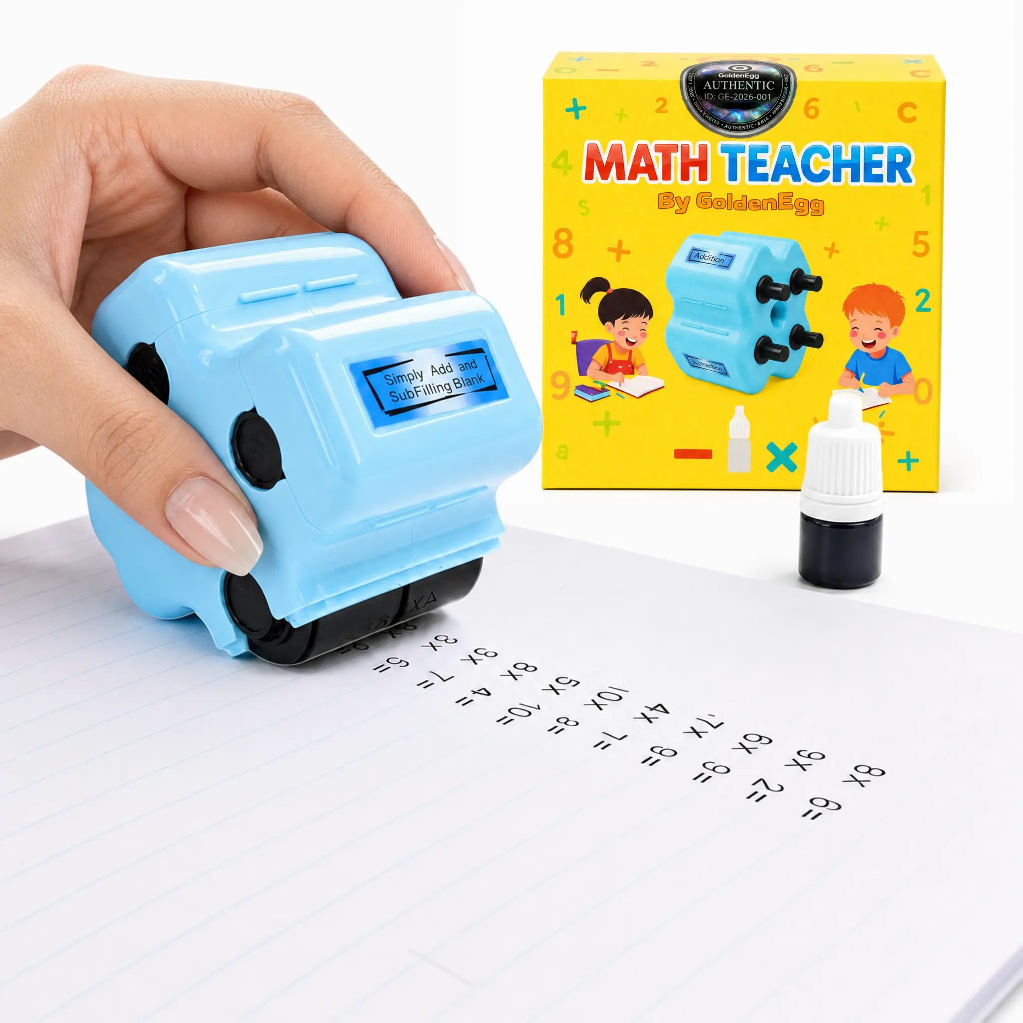 GoldenEgg 4-in-1 Math Teacher Roller Stamp, Addition Practice Tool for Subtraction/Multiplication, Kids Ages 5-9 1st-3rd Grade, Back to School Supplies & Haul, Stocking Stuffers for Holidays/Birthdays, Homeschool Classroom Use, Back To School Haul, 4 Prac
