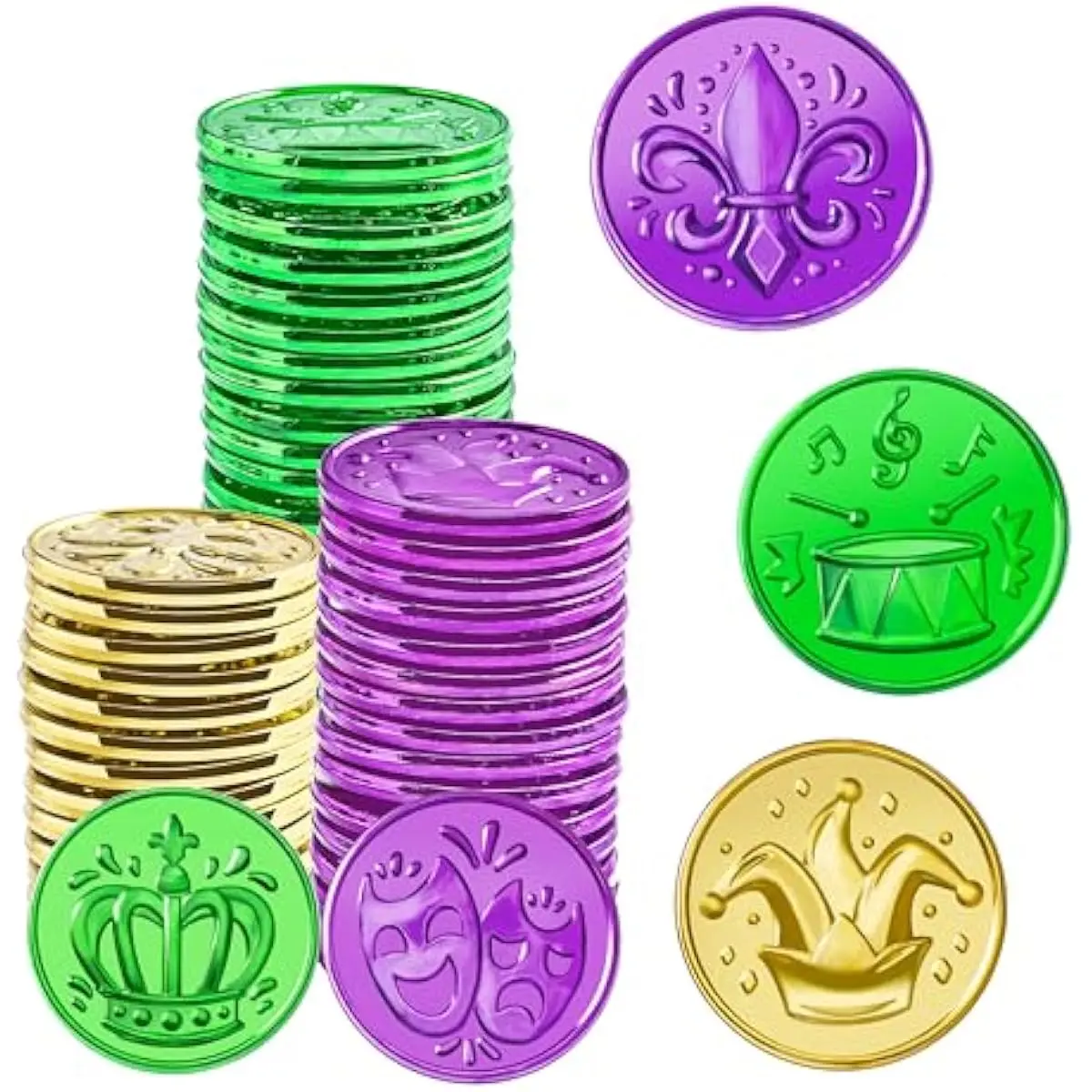 120 PCS Mardi Gras Coins, Gold Green Purple Mardi Gras Plastic Coin Bulk for Mardi Gras Parade Party Favors Supplies, Fake Gold Coins for Party Accessory Decoration