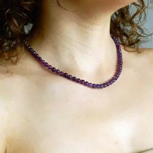 Crystal Necklace, Purple Crystal Stone 3mm Round Beads Small Tiny Beaded Necklace, Healing Protection Calming Balance Necklace Choker