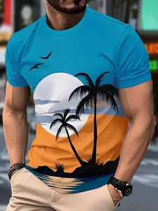 Men's Fashion Spring & Summer Tropical Beach Sunset Coconut Tree Print Crew Neck Short Sleeve T-shirt, Adult Casual Vacation Wear, Holiday Leisure Pattern, Sunny Stylish Style, Perfect Gift Choice