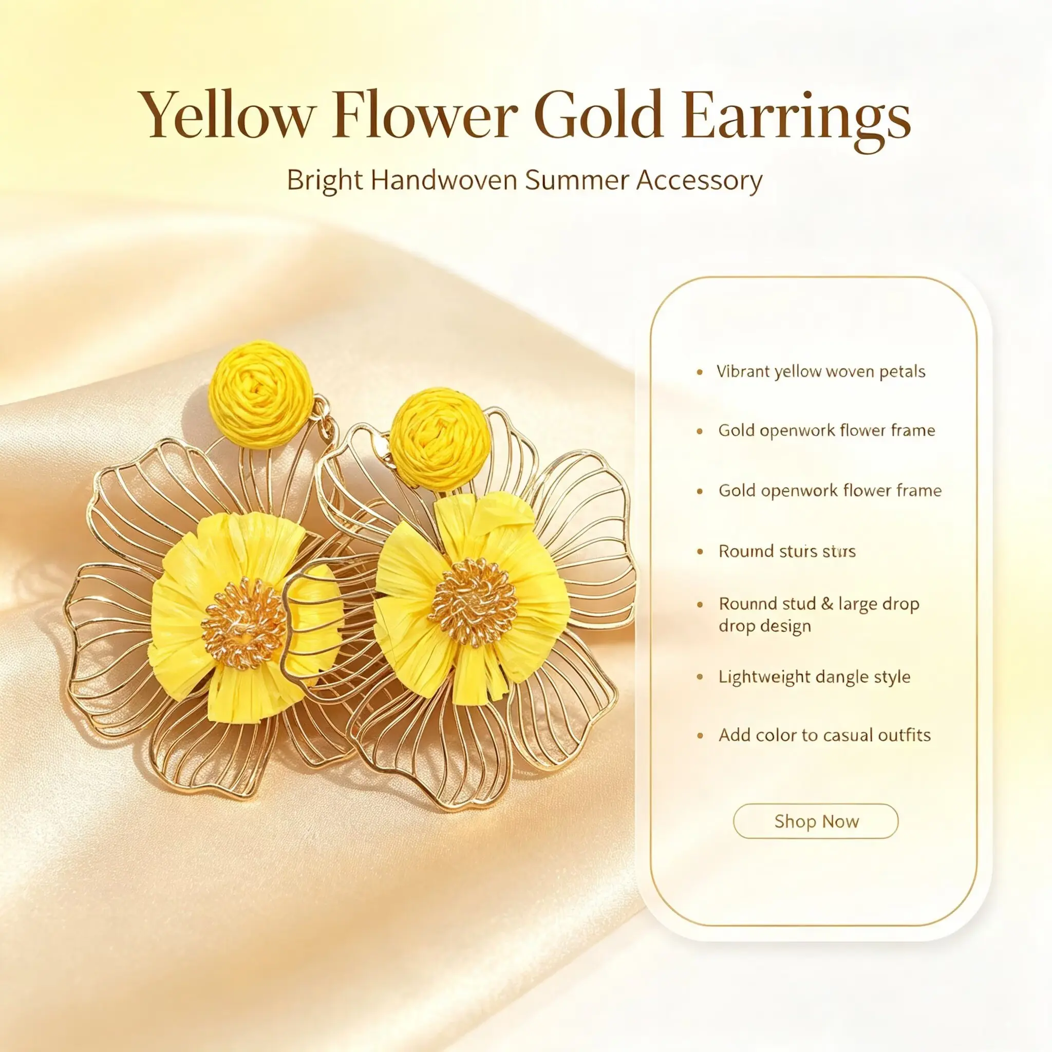 Yellow Flower Gold Earrings Bright Handwoven Summer Accessory with Vibrant Petals & Gold Frame Lightweight Dangle Style