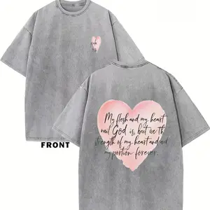 Washed Black T-Shirt 100% Cotton Y2K Retro Faith Graphic Tee with Front Pink Heart & Back Watercolor Print - Crew Neck Short Sleeve Casual Streetwear Top Suitable for Daily Wear, Machine Washable Retro Style Shirt