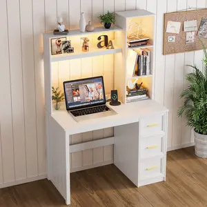 FREDEES  40” Home Office Desk with Hutch and Drawers, Computer Desk with Power Outlets and LED Light, Study Writing Gaming Table with Storage Shelves, Workstation for Bedroom