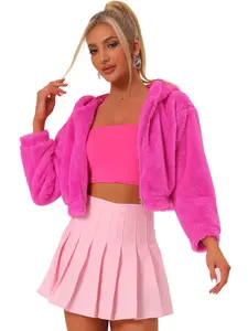 INSPIRE CHIC Women's Faux Fur Coat Zip Up Casual Fuzzy Hooded Fluffy Crop Jackets