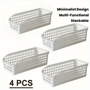 4-Piece Stackable Storage Baskets Set, Multifunctional Organizer for Books Kitchen Bathroom Living Room Office, Modern Simple Design, Plastic Basket