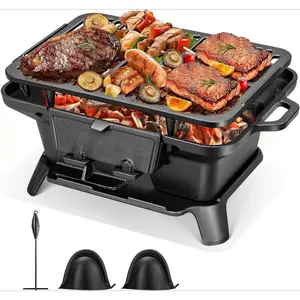 Rectangle Cast Iron Charcoal Grill with Double-Sided Grate, Portable Outdoor BBQ Grill, Compact Tabletop Grill Stove (Note: The charcoal grid is made of stainless steel, not cast iron)