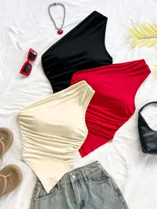 Women's Sleeveless Asymmetric Hem Ruched Vest Set, Casual Soft Top Three Piece, Home Leisure Wear, Comfortable and Stylish, Womenswear, Fit
