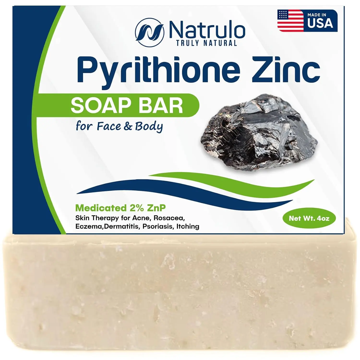 Pyrithione Zinc Soap Bar for Face & Body, 4oz | Medicated 2% ZnP Bar Soap Skin Therapy Cleanser for Acne, Rosacea, Eczema, Dermatitis, Psoriasis, Itching | Cleansing, Calming Facial Wash Made in USA
