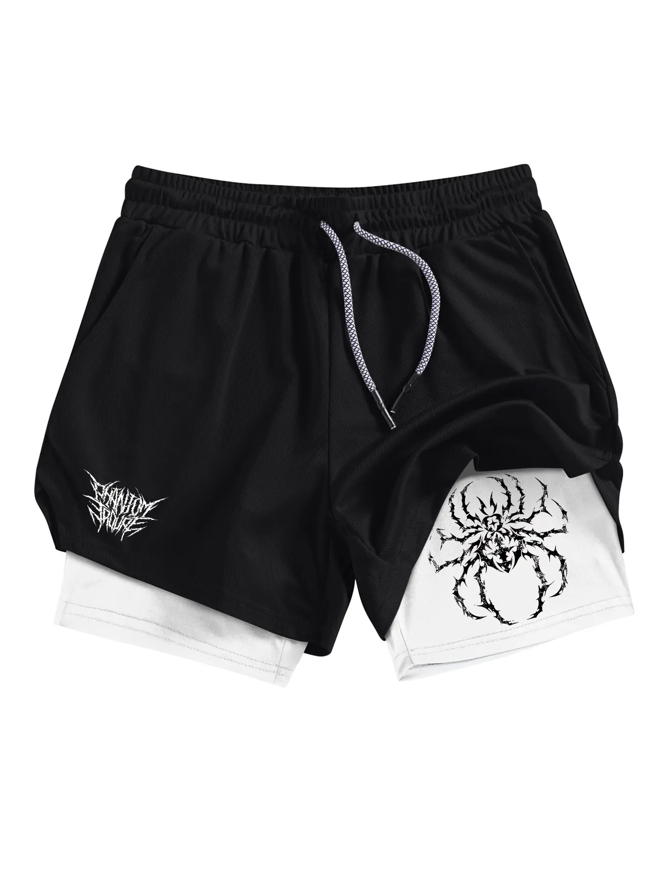 Spider Print Men's Regular Fit Double Layer Multi-Pocket Shorts, Summer Quick-Dry Breathable Sports Running Shorts, Activewear Shorts, Workout Impact Shorts, Lightweight Breathable Shorts, Fitness Workout Shorts, Graphic Athletic Shorts