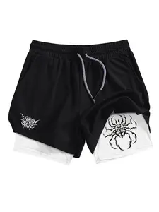 Spider Print Men's Regular Fit Double Layer Multi-Pocket Shorts, Summer Quick-Dry Breathable Sports Running Shorts, Activewear Shorts