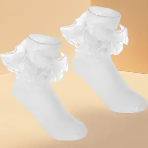 White Ruffle Socks for Women Girls – Double Layer Lace Turn Cuff Frilly Socks, Comfortable Cotton Ruffle Ankle Socks, Cute Lolita Vintage Crew Socks for Ages 10-12 & Adult – 1-3 Pairs