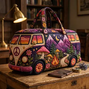 Boho Hippie Van Quilted Duffel Bag for Women, Purple Mountain Mushroom Weekender Travel Bag, Large Capacity Overnight Carry On Tote for Camping, Road Trips, Gym, Vacation & Weekend Getaways