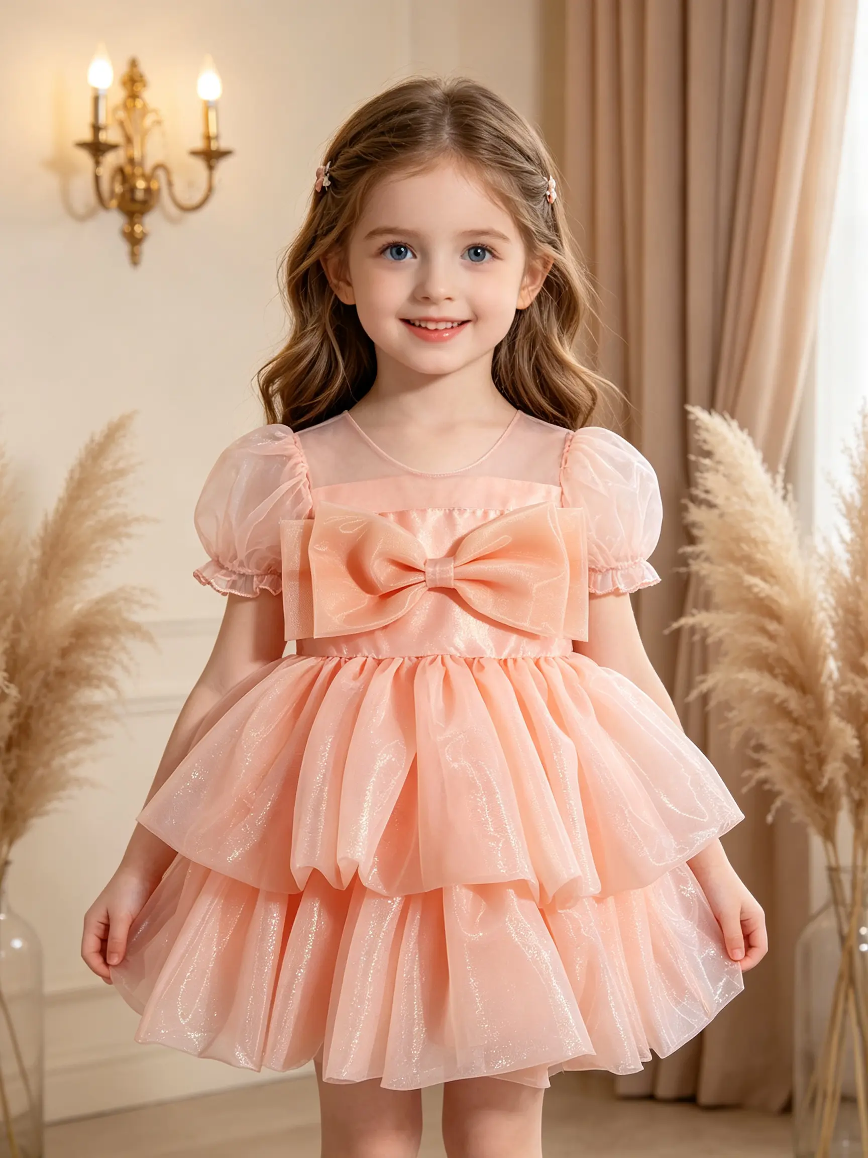 Girls Peach Puff Short Sleeve Party Dress Big Bow Decor Glitter Layered Tulle Dress Toddler Little Girls Birthday Wedding Flower Girl Formal Princess Gown