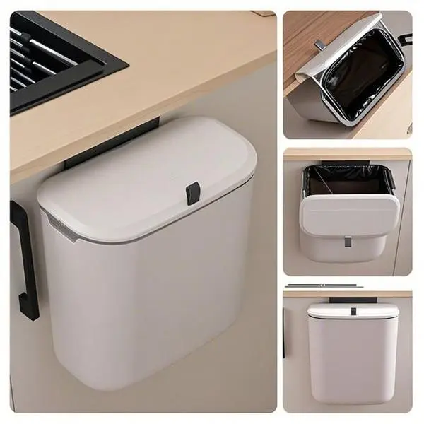 Wall Mounted Odorless Trash Can with Sliding Lid, 1.9-Gallon Dual Installation Kitchen/Bathroom/Office Bin, Triple-Seal Technology for Home & RV, No Drill Required, Space-Saving Waste Container Cover Light Cabinet Slide