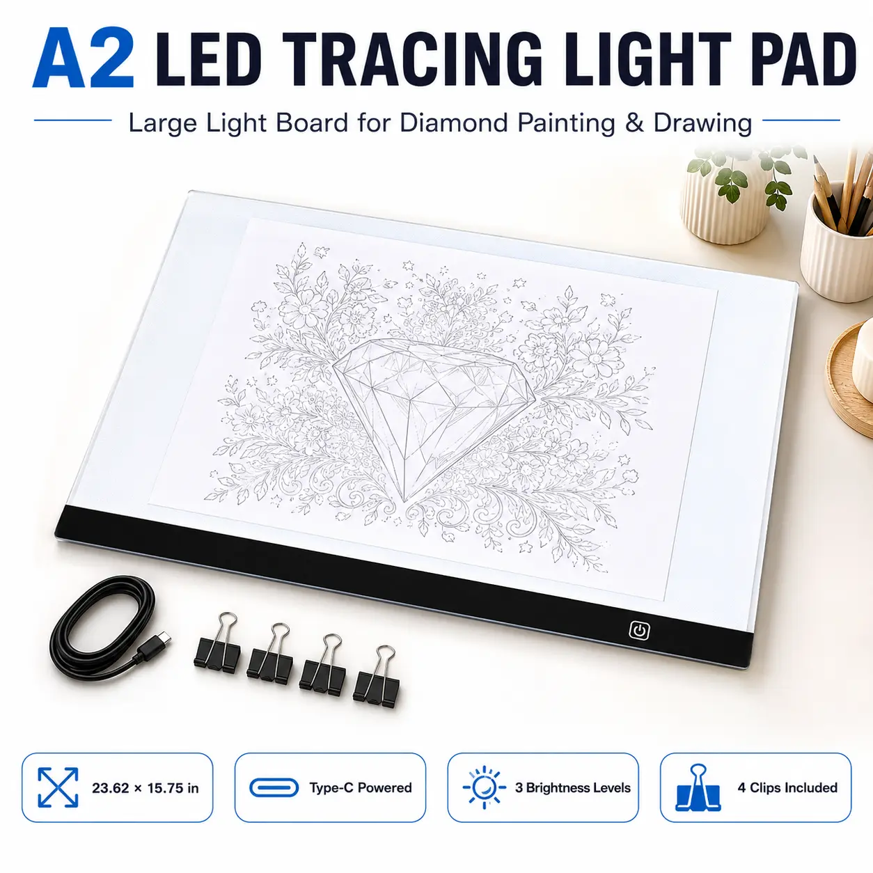 A2 LED Tracing Light Pad, 23.62×15.75in USB Powered Light Board for Diamond Painting, Drawing, Sketching & Calligraphy, 3 Brightness Levels with 4 Clips