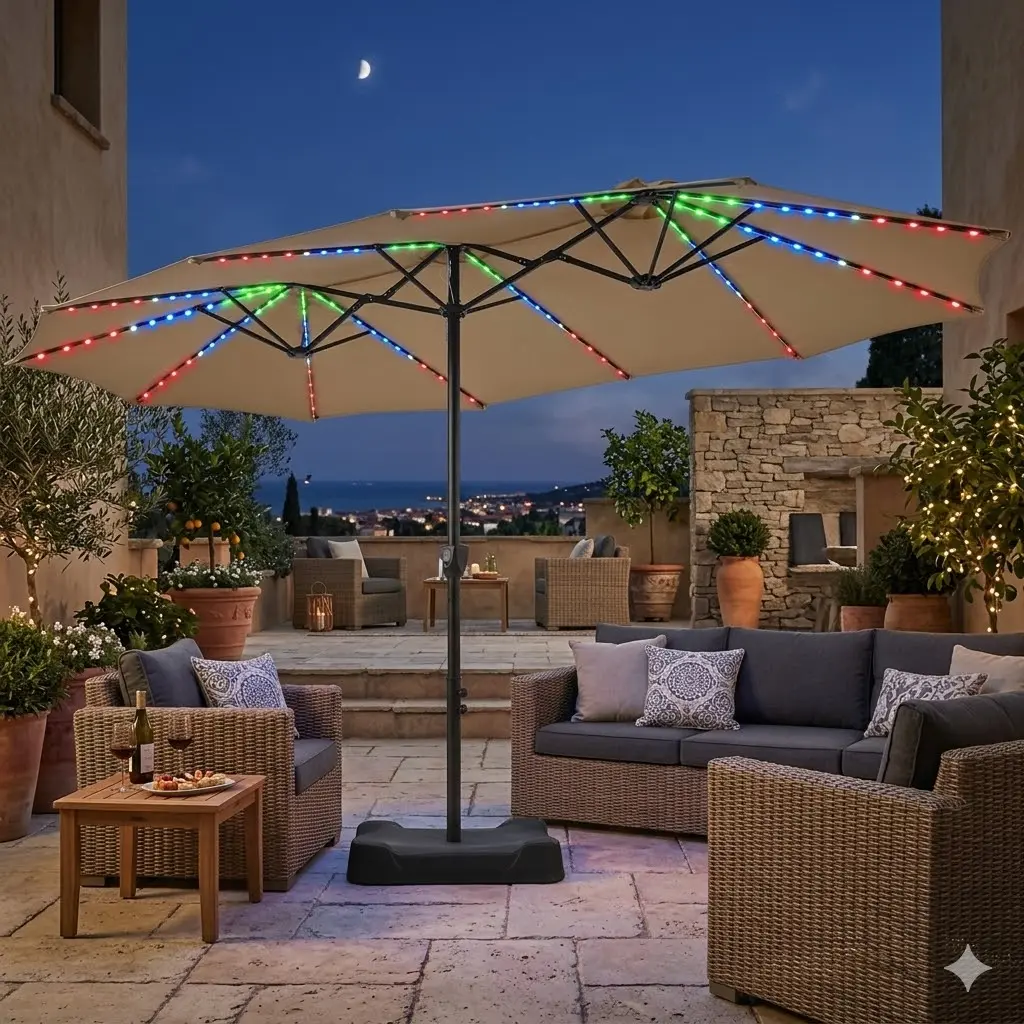 【13/15FT Multi-colored  Light】Costoffs Patio Umbrella with Multi-Mode LED Strips - Massive Triple-Vented Canopy for Extra Shade, Crank Lift & Weighted Base Included