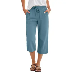 Pants Waist Drawstring Straight Beach Cropped Trousers Casual Pant