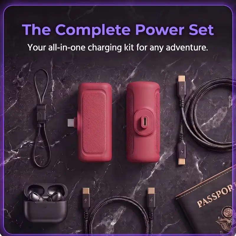 5000mAh Pocket Power Bank, 22.5W Fast Charging, Carbon Fiber Mini Wireless Charger, Built-in Type-C Connector, Android Everyday Carry External Battery Plug-in