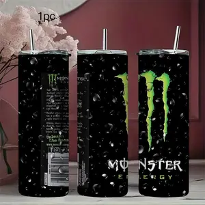 1pc 20oz Stainless Steel Insulated Mug, the same style as Monster Energy Drink, transparent flip lid, with straw. Suitable for daily commutes and outdoor carrying, leak-proof, and makes a unique gift.