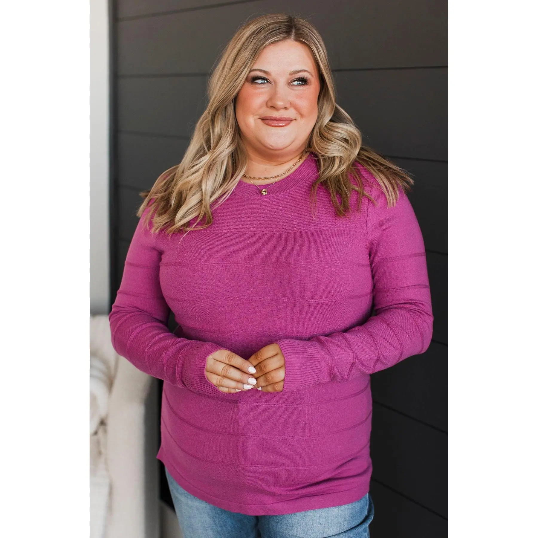 Women's Casual Stripe Knitwear Tops - Just To See You Magenta Knit Sweater, Fabric