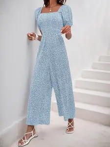 Women's Vacation Style Floral Print Jumpsuit Set, Casual Loose-Fitting Wide Leg Pants, Short Sleeve Boho for Travel