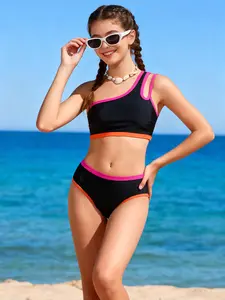 7-16 Years Girls' 2 Piece  One Shoulder Bikini Color Block Bathing Suit Swimsuits Adjustable Straps with Chest Pad Girls  Beach vacation Swimwear
