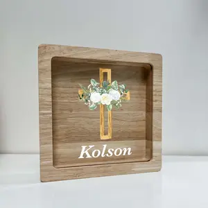 Personalized White Flowers Baptism Savings Bank for Girls Boys – Custom Name Engraved Piggy Bank, Christening Gift, First Communion Keepsake, Baby Shower Nursery Décor