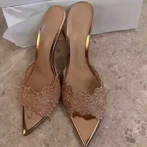 2026 Champagne Gold Lace Pointed Toe Heeled Mules, Elegant Slip-On High Heel Sandals for Women, Party & Wedding Shoes