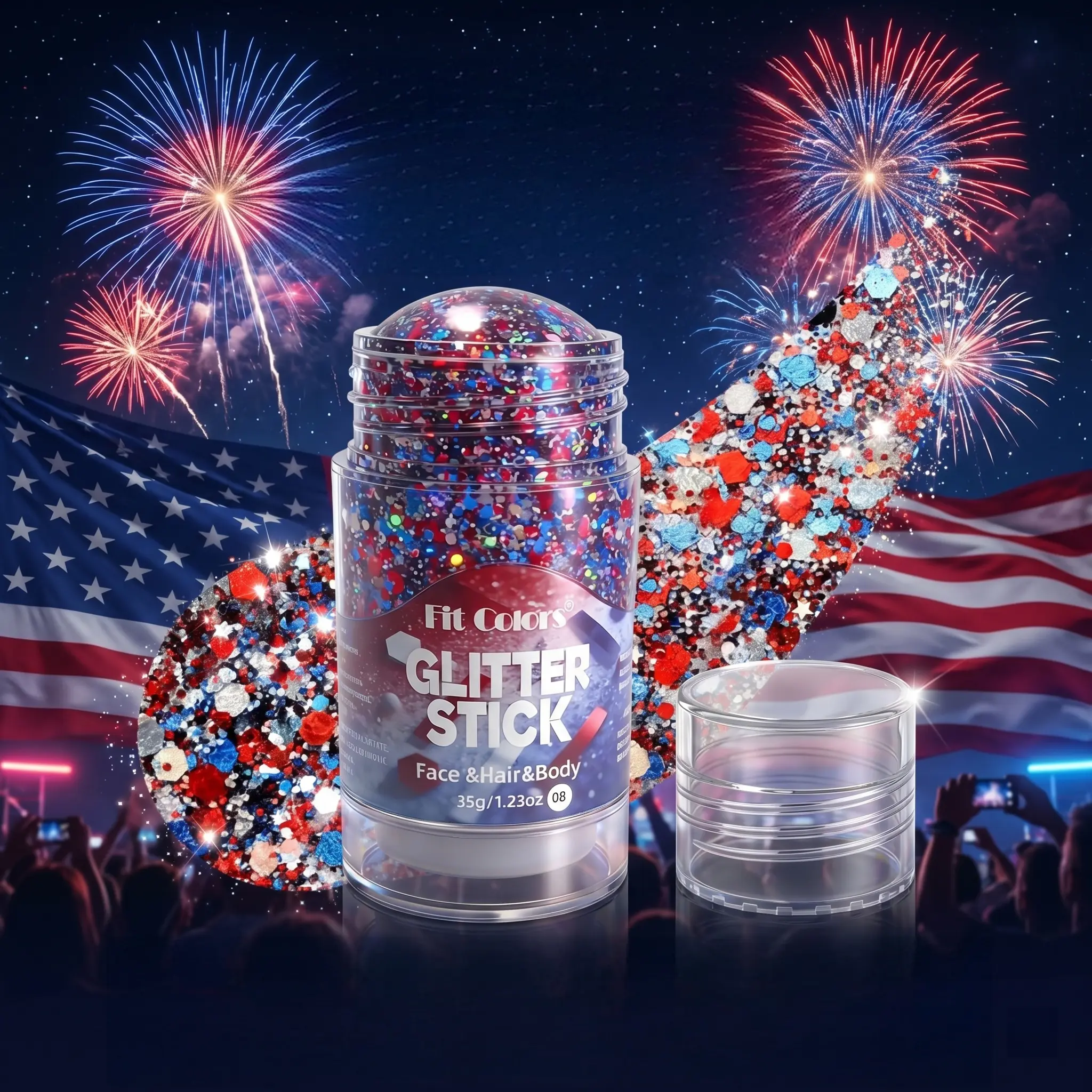 4th of July Glitter Stick, 2026 New Red White Blue Body Hair Sparkle for Independence Day, Upgrade Sparkle Patriotic Pride Chunky Glitter 4th of July Accessories