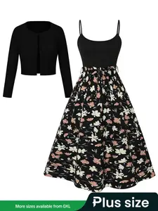 【Plus Size】 Solid Long Sleeve Cardigan & Belted Cami Dress Two-piece Set, Casual Classy Dress, Plus Casual Fashion Cozy Two Piece Set for Daily Outdoor Wear, Women Plus Clothing for All Seasons, Womenswear