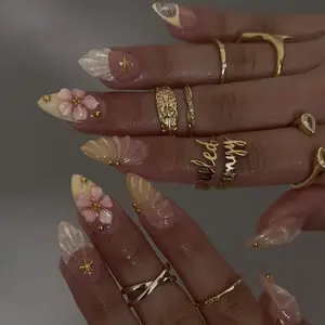 3D Flower Press on Nails Medium Almond French Tip Fake Nails- Summer Nail Design with Tropical Flower,Starfish & Gold Pearls - Beach Nails Press ons Full Cover Stick on Nails for Women Manicure
