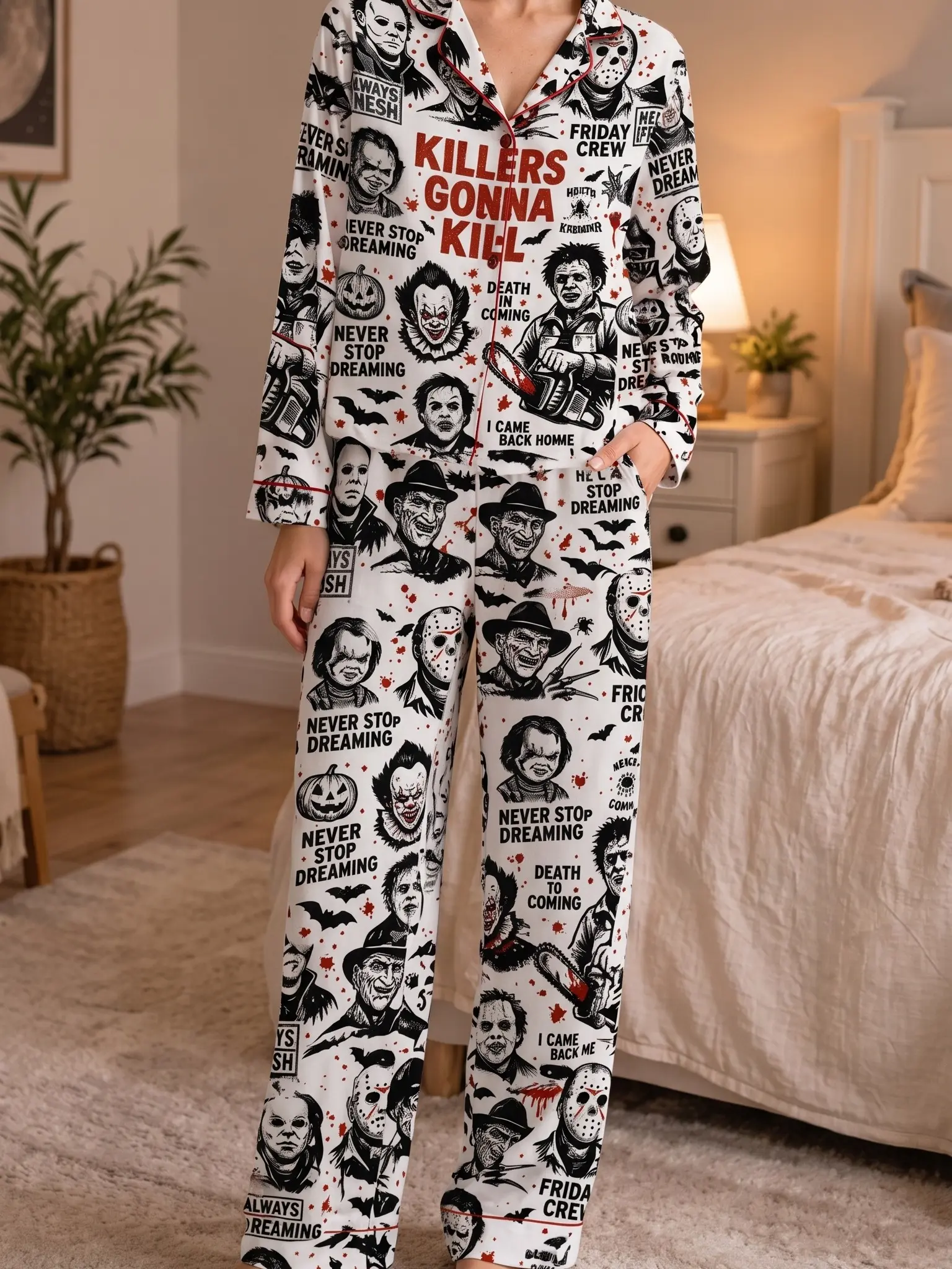 Spooky Halloween Satin Pajama Set, Breathable Soft Premium Fabric, Unisex Pajama Gift For Her, Gift For Him, Matching loungwwear