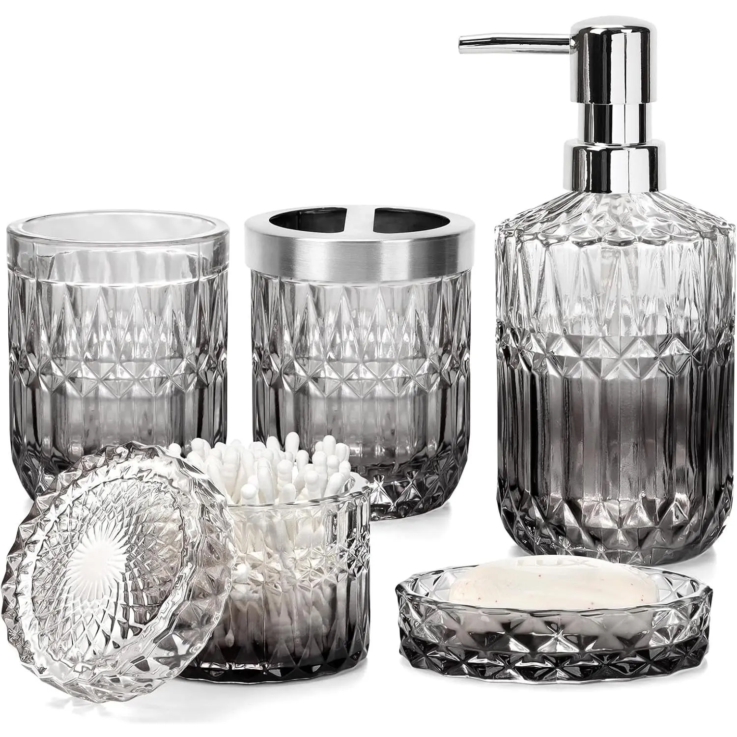 Bathroom Accessories Set, 5Pcs Bathroom Accessories Set, Glass Bathroom Accessories Set with Gold Soap Dispenser, Soap Dish, Toothbrush Holder, Tumbler, Cotton Swab Jars,Christmas Gift for Boyfriend, Housewarming Gift