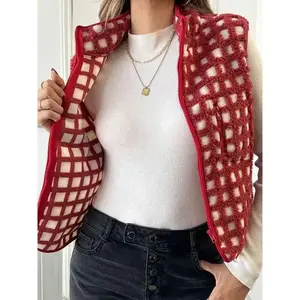 Womens Fuzzy Checkered Vest Sleeveless Stand Collar Zip Up Vest Jacket Winter Warm Outwear Fabric Fit