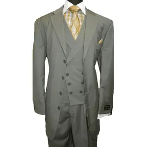 Mens 4 Button Fashion Suit with Double Breasted Vest in Olive Green