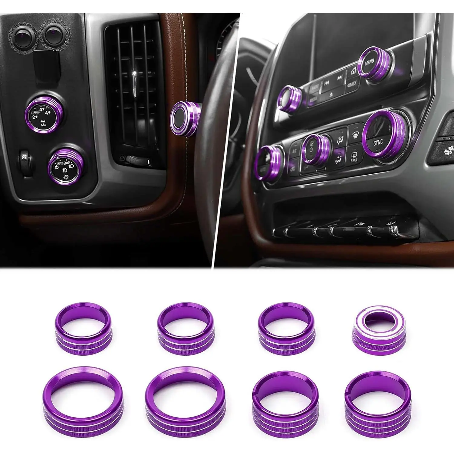 for Silverado Center Console Knob Cover Trim Ring Purple for Chevy Silverado/Suburban/GMC Sierra 2014-2018 Purple Interior Accessories 8pcs