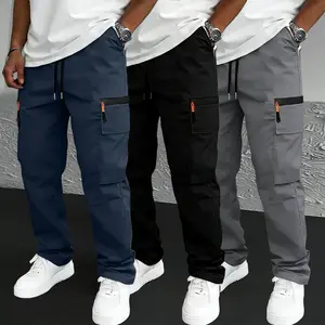 3-pack men’s solid-color plus-size tactical work pants featuring multiple pockets and faux zipper details; durable outdoor training pants available in various colors, suitable for fishing, outdoor activities, work, hiking, and camping, ideal for spring an