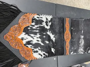 Genuine hand tooled leather & cowhide 6ft table runner