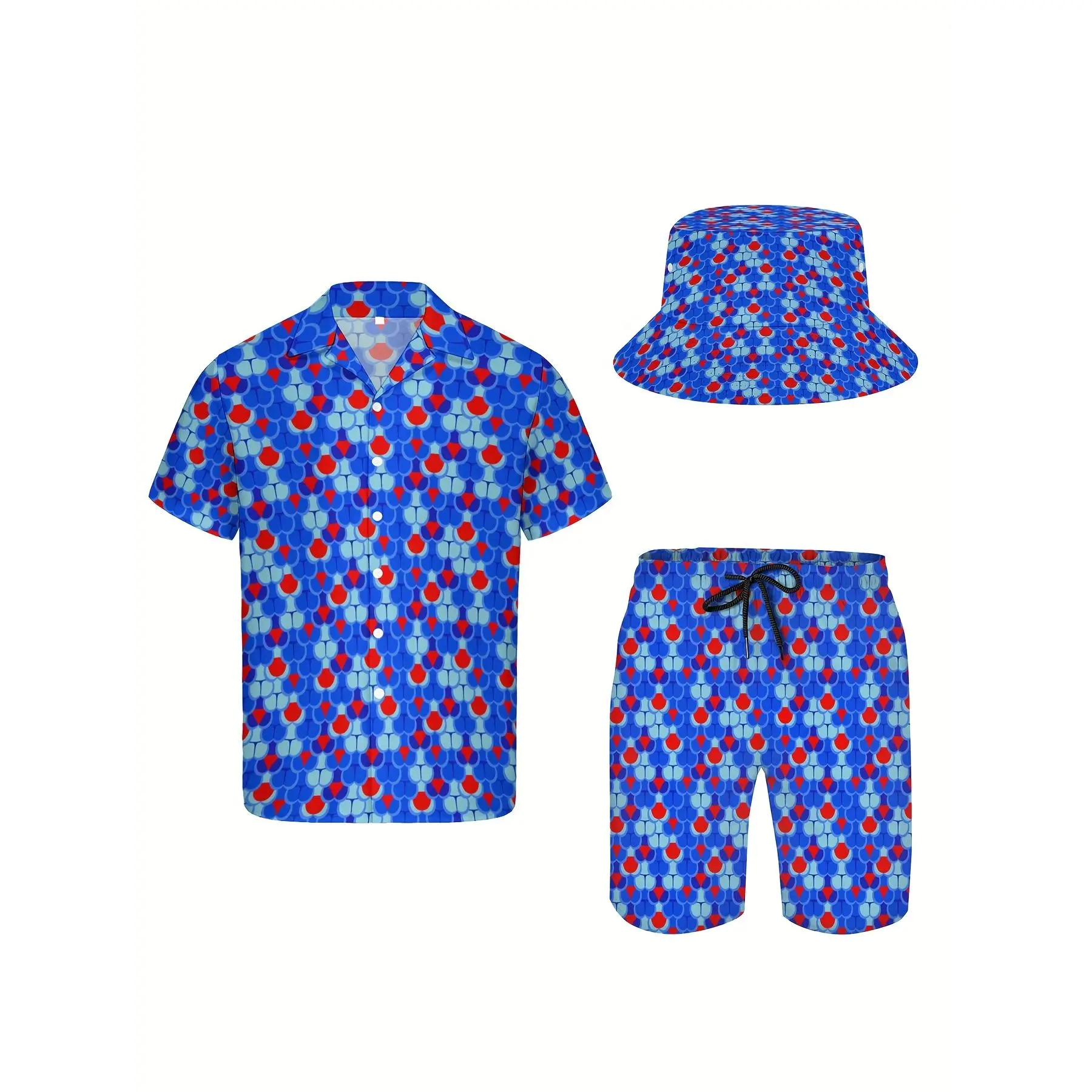 Men's 3-Piece Retro Clothes Set - Tropical Woven Shortsleeve Button-Up Hawaiian Shirt, Shorts & Fisherman Hat, Blue 80s Shiny Soft Breathable Casual Beach Outfit, Breathable Fabric, Three-Piece Suit
