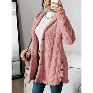 Cozy Winter Cardigan MM336473 Warm & Cozy Women's Plush Argyle-Patterned Hooded Longline Loose Fit Open Front Long Sleeve Coat with Side Slit Hem Machine Washable Casual Outerwear for Fall & Winter Womenswear Knitwear Polyester Tops Beige Button Fabric