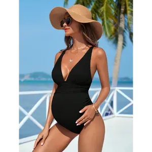 Solid Color Simple Maternity Daily Beachwear One-Piece Swimsuit Bathing Suit, For Summer Beach