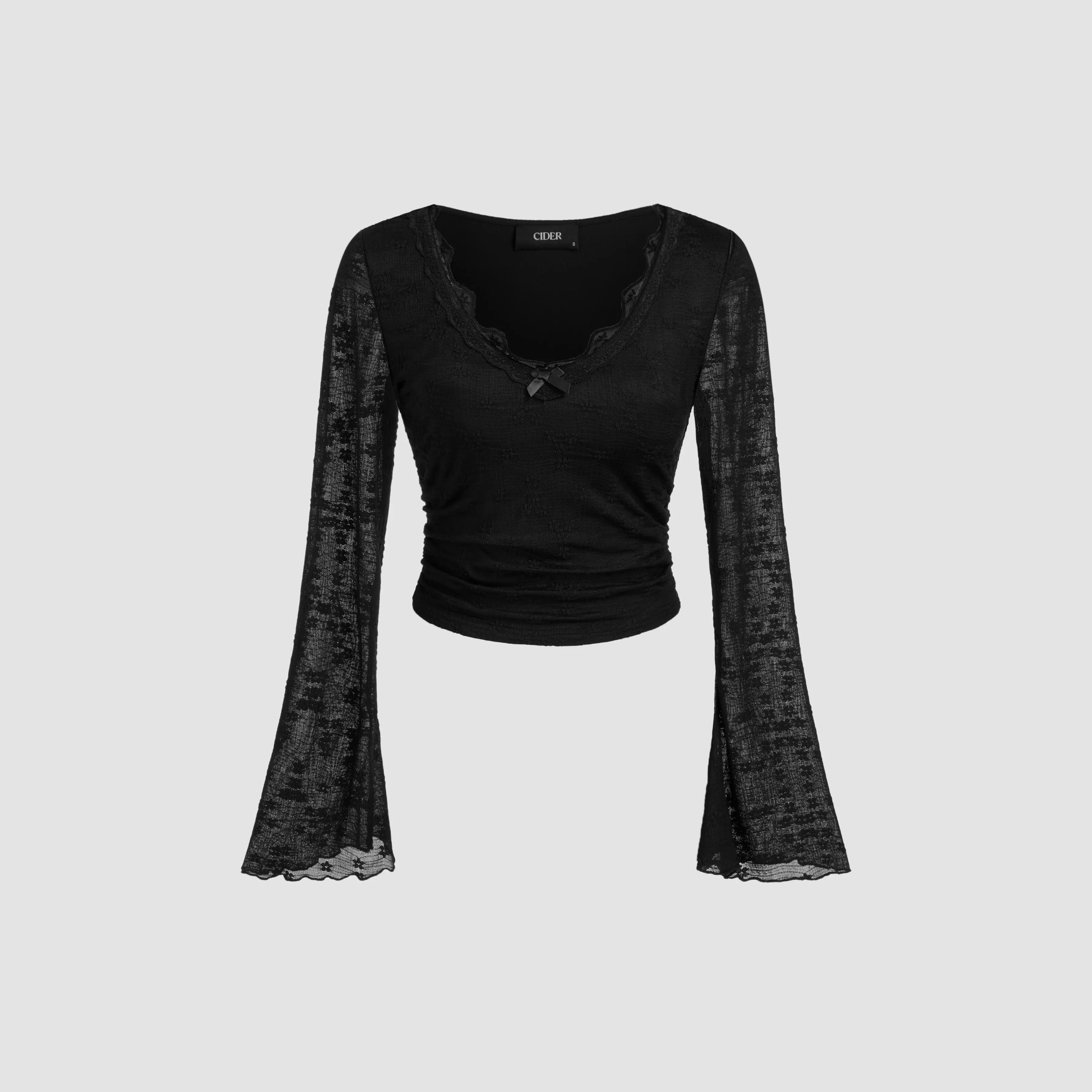 Cider [size 2-10] Lace V-neck Bowknot Ruched Long Sleeve Top SohoChic