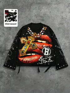 Men's Vintage Street Style Saint Print Long Sleeve Round Neck T-Shirt, Loose-Fitting Short Fit, Fall 2000s Fashion