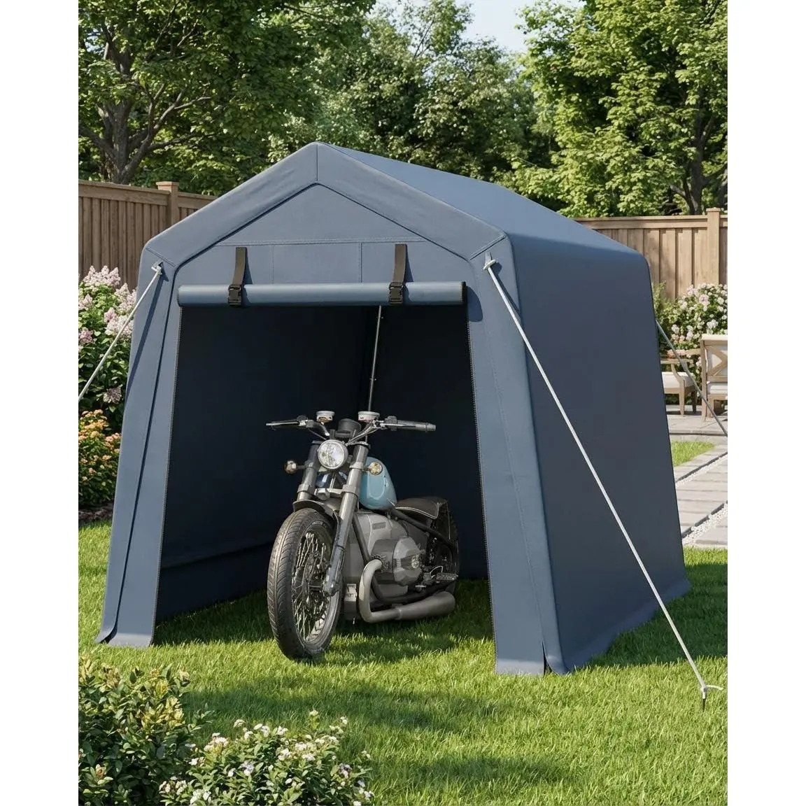 Garvee 6x8 ft Portable Outdoor Storage Shed, Heavy-Duty 240G PE Waterproof Shelter with Dual Roll-Up Zipper Doors & Vent, UV-Resistant Steel Frame Carport for Motorcycle, Firewood & Tools, Gray