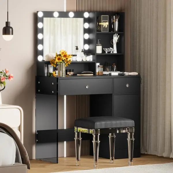 Vanity Desk with Mirror and 3 Lighting Modes, Makeup Vanity with Glass Top and Storage Shelves, Dressing Table with 2 Drawers and Cabinet